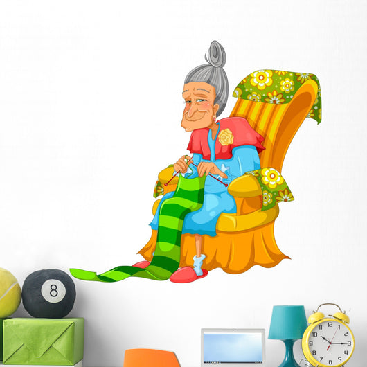 Old Lady Knitting Happily Wall Decal