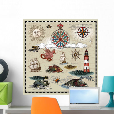 Antique Nautical Map Elements Wall Decal shown on a wall