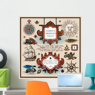 Vintage Map Elements Wall Decal shown on a wall