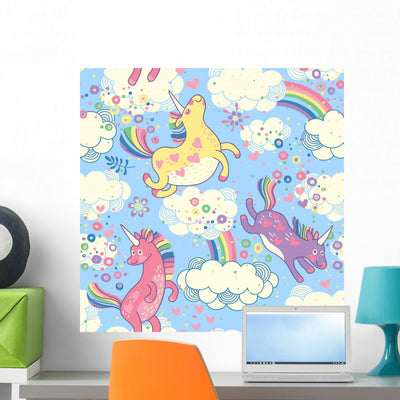Seamless Cartoon Unicorns & Rainbows Wall Decal shown on a wall