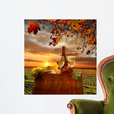 White Wine with Barrel at Sunset Wall Decal shown on a wall
