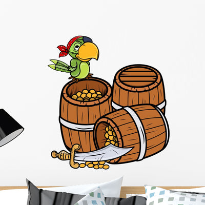 Treasure and Pirate Parrot Wall Decal shown on a wall