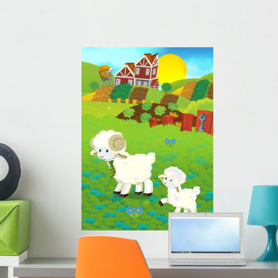 Cartoon Sheep on the Farm Wall Decal shown on a wall