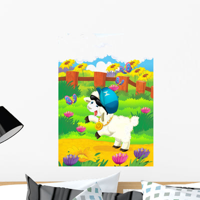 Cool Cartoon Sheep Wall Decal shown on a wall