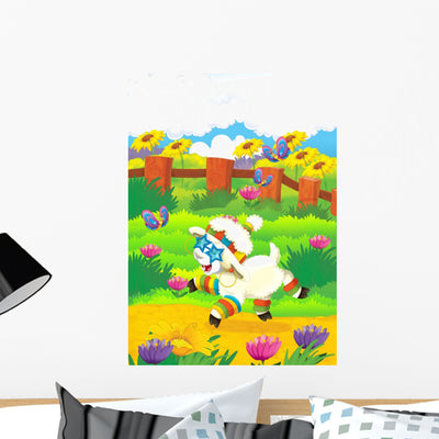 Cartoon Sheep in Eighties Wear Wall Decal shown on a wall