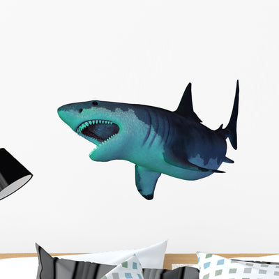 Megalodon Shark Underwater Wall Decal shown on a wall