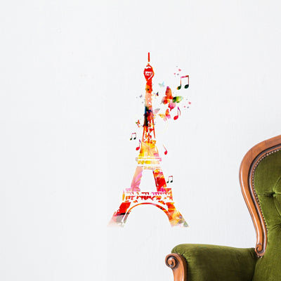 Colorful Vector Eiffel Tower Wall Decal shown on a wall