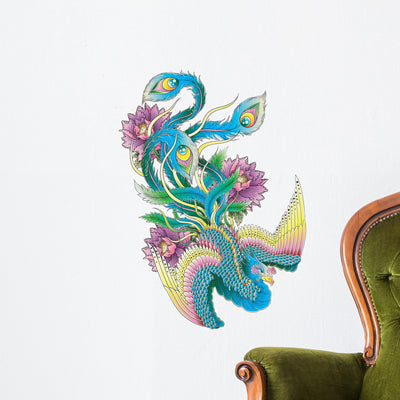 Japanese Style Peacock Wall Decal shown on a wall