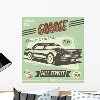 Green Retro Car Service Sign Wall Decal shown on a wall