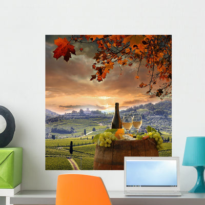 White Wine with Barrel and Hillside Landscape Wall Decal shown on a wall