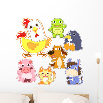 Cute Cartoon Animals Wall Decal Sticker Set Wall Decal shown on a wall