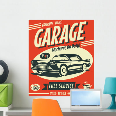 Red Retro Car Service Sign Wall Decal shown on a wall