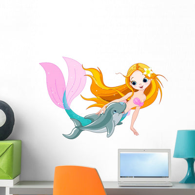 Cute Mermaid and Dolphin Wall Decal shown on a wall