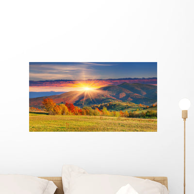 Colorful Autumn Landscape Mountains Wall Decal shown on a wall