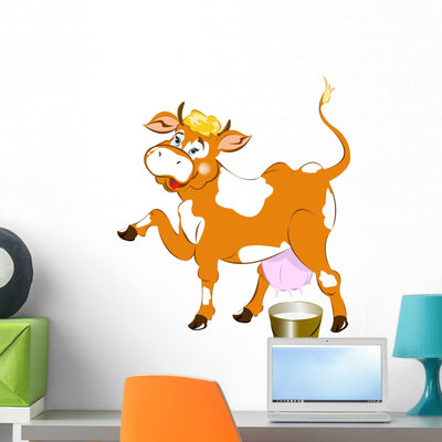 Cheerful Cow and Bucket Wall Decal shown on a wall