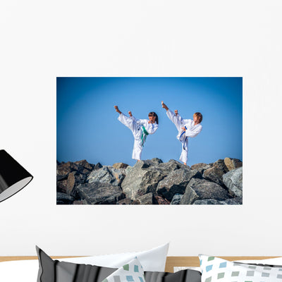Children Training Karate Stone Wall Decal shown on a wall