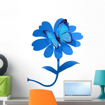 Blue Morpho Butterfly Flower Wall Decal shown on a wall