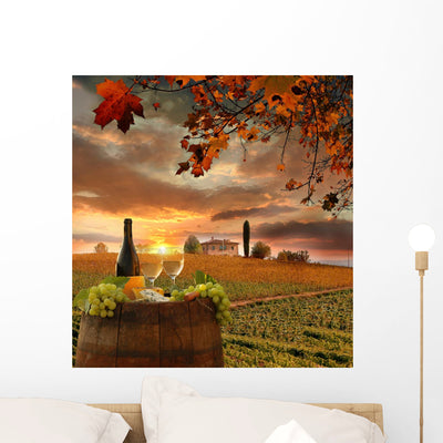 White Wine with Barrell Wall Decal shown on a wall