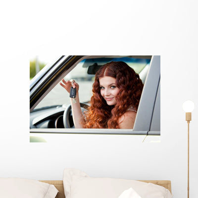 Woman Sitting Car Wall Decal shown on a wall