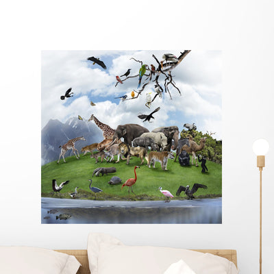Collage Wild Animals and Wall Decal shown on a wall