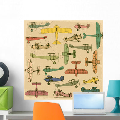 Airplanes Retro Seamless Pattern Wall Decal shown on a wall