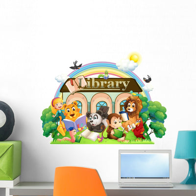 Animals Reading Library Wall Decal shown on a wall