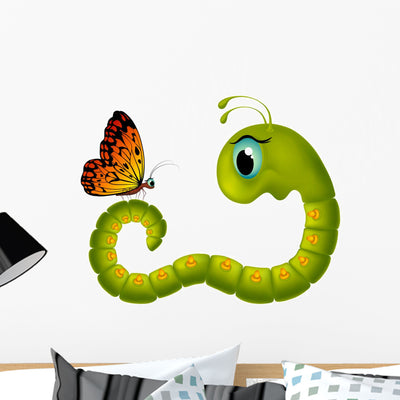 Cartoony Caterpillar Looking Butterfly Wall Decal shown on a wall