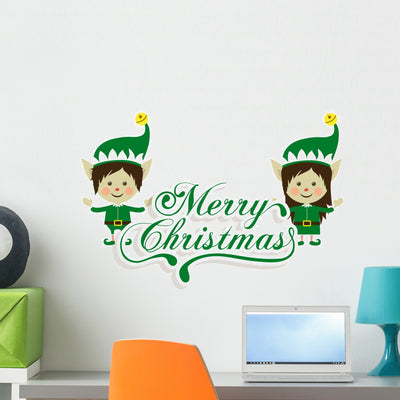 Green Christmas Elves Wall Decal shown on a wall