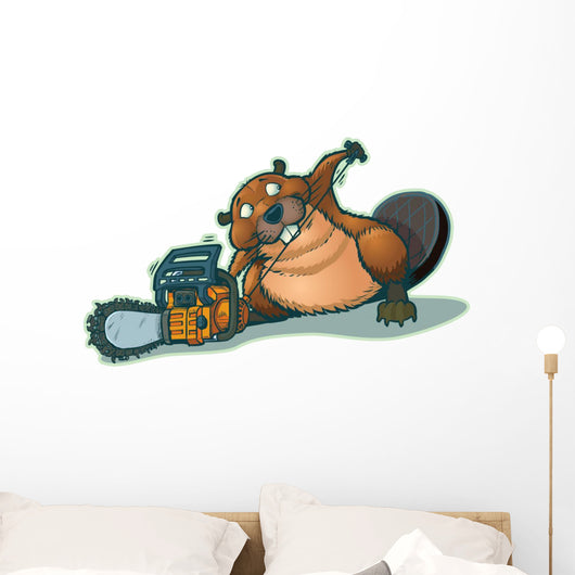 Cute Beaver Starting Chainsaw Wall Decal