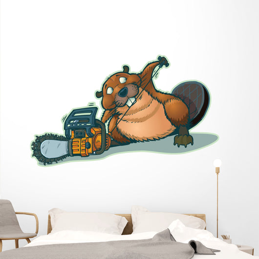 Cute Beaver Starting Chainsaw Wall Decal