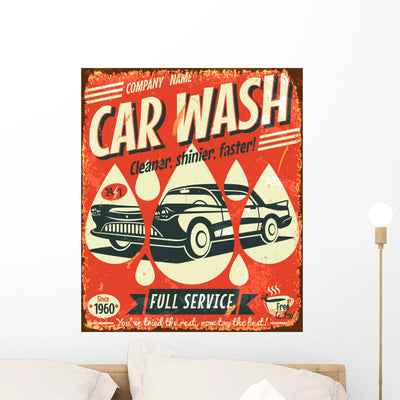 Retro Car Wash Sign Wall Decal shown on a wall