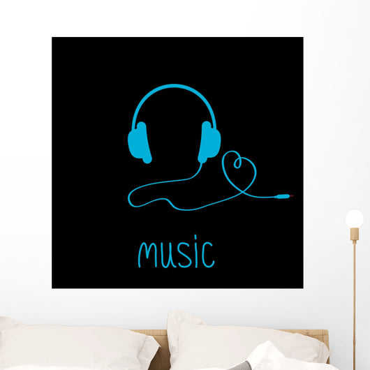Blue Headphones with Cord Wall Decal