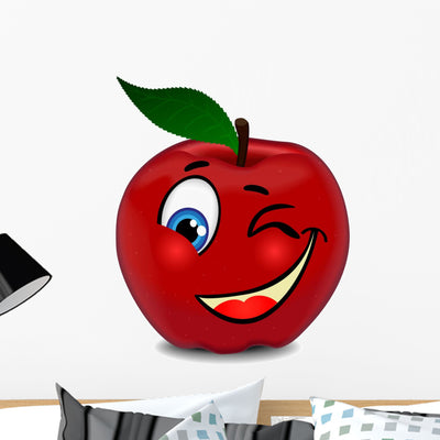 Red Apple Winks Eye Wall Decal shown on a wall