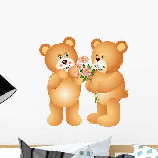 Teddy Bear Offering Flowers Wall Decal