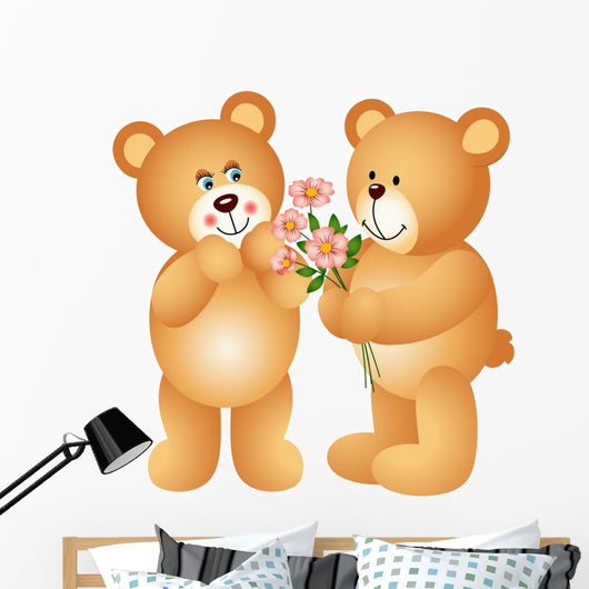 Teddy Bear Offering Flowers Wall Decal