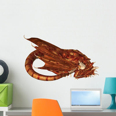 Red Scaled Dragon Sleeping Wall Decal shown on a wall