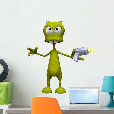 Funny Alien Wall Decal shown on a wall