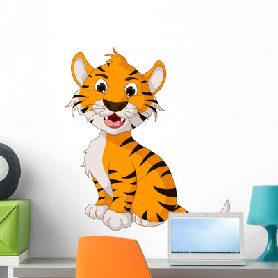 Cute Tiger Cartoon Posing Wall Decal shown on a wall