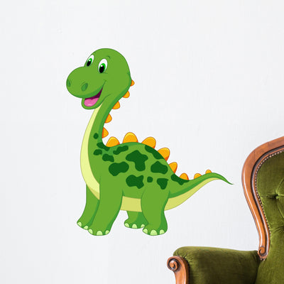 Cute Green Dinosaur Cartoon Wall Decal shown on a wall