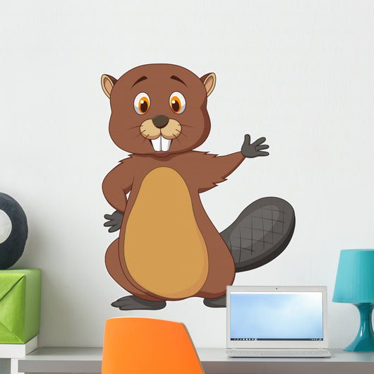 Cute Beaver Cartoon Waving Wall Decal