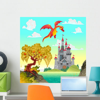 Fantasy Landscape with Castle Wall Decal shown on a wall
