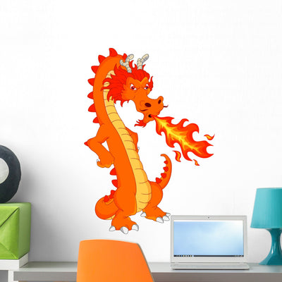 Cute Orange Fire Dragon Wall Decal shown on a wall