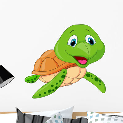 Cute Cartoon Sea Turtle Wall Decal shown on a wall