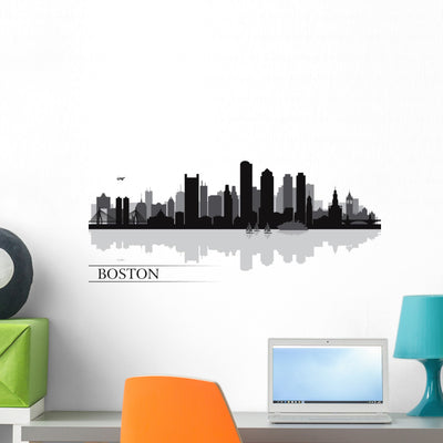 Boston City Skyline Silhouette Wall Decal shown on a wall