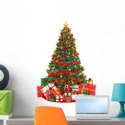 Christmas Tree and Presents Wall Decal shown on a wall