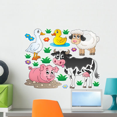 Cartoon Farm Animals and Plants Wall Decal Sticker Set shown on a wall