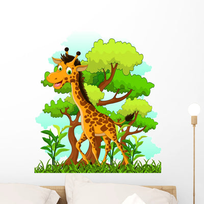 Giraffe Cartoon Forest Wall Decal shown on a wall