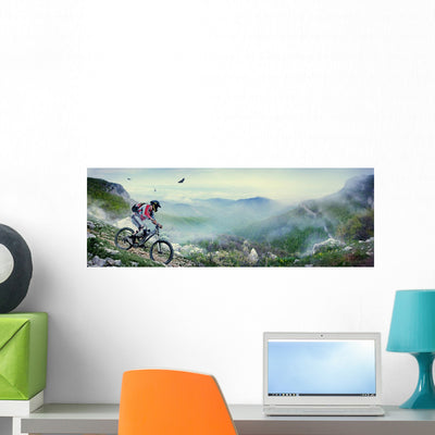 Cyclist Mountains Wall Decal shown on a wall