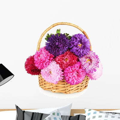 Bright Aster Flowers Basket shown on a wall