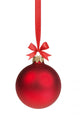 red christmas ball hanging on ribbon with bow 